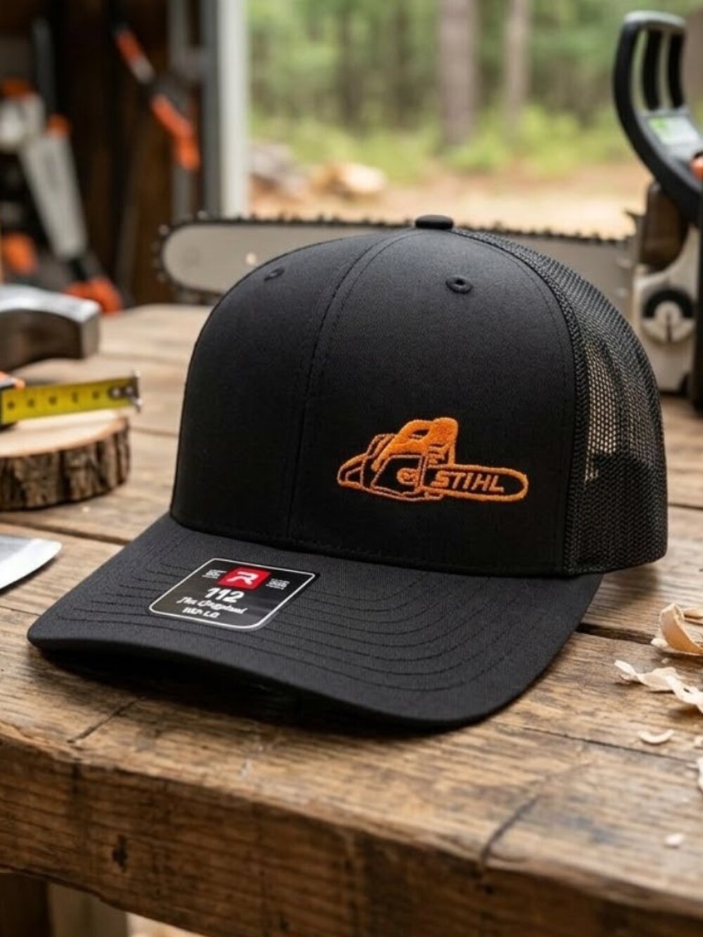 Chainsaw Logging Hat Tree Service Embroidered Richardson 112 Black Trucker Cap